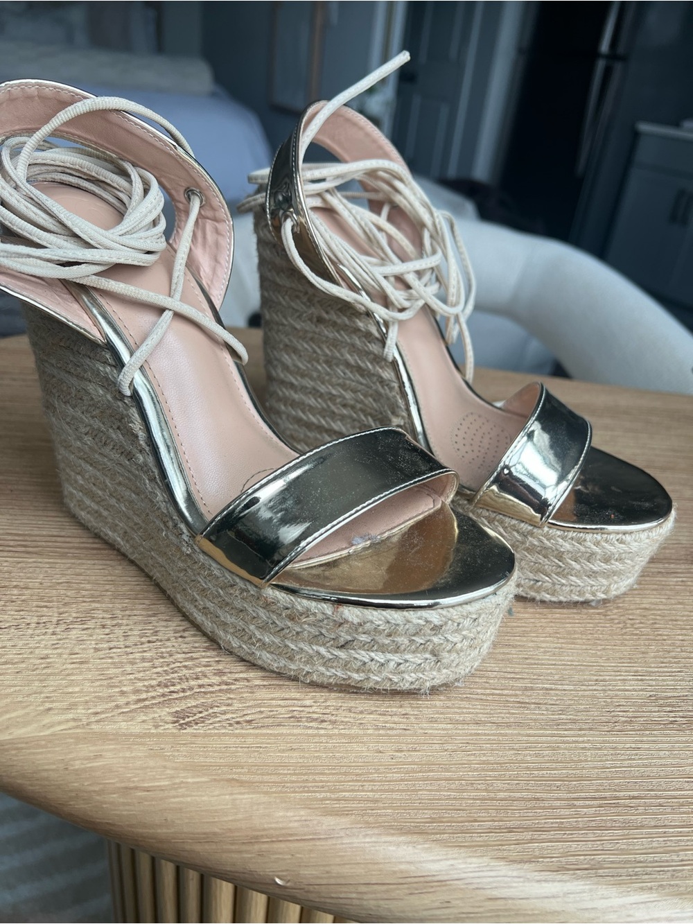 Zara Metallic Gold Espadrille Wedge Sandals with Cream Ankle Tie